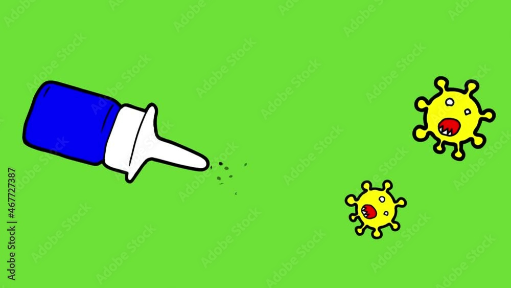 2D animation, nasal spray destroys coronavirus, covid 19, spray kills