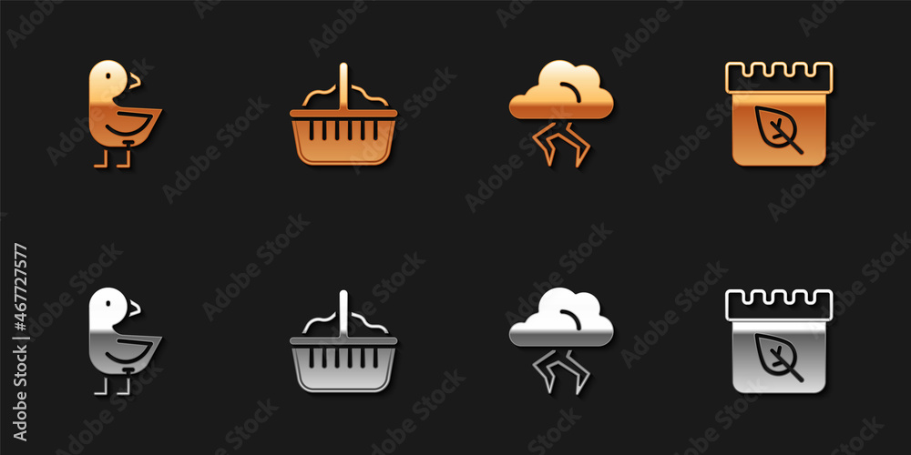 Set Little chick, Basket, Storm and Calendar with autumn leaves icon. Vector