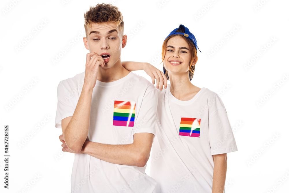 couple in white t-shirts Flag lgbt transgender sexual minorities couple in white t-shirts Flag lgbt transgender sexual minorities