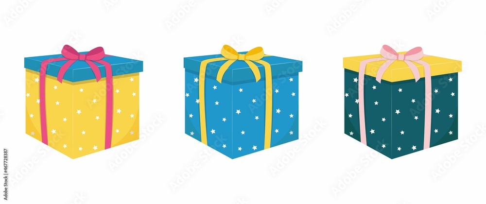 Colored Gift Boxes set with bows and ribbons. Flat style colorful wrapped presents vector illustration. Gift box design for icon, logo, banner, sale, holiday greeting card, Birthday, party, graduation