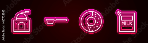 Set line Manual coffee grinder, Coffee filter holder, Donut with sweet glaze and Paper package for milk. Glowing neon icon. Vector