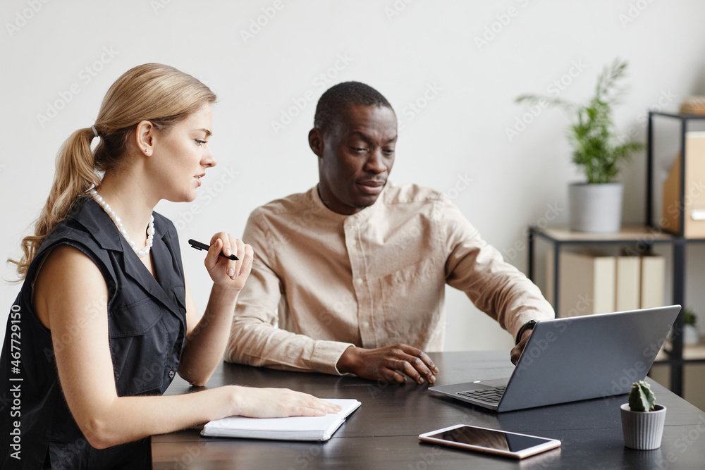 Minimal portrait of two modern business people using laptop while discussing project at desk in office, copy space Minimal portrait of two modern business people using laptop while discussing project at desk in office, copy space