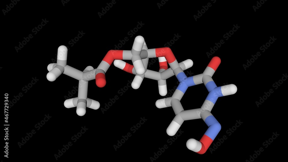MOLNUPIRAVIR sticks model. Drug for SARS-CoV-2. Covid-19, Coronavirus drug research & development. MOLNUPIRAVIR sticks model. Drug for SARS-CoV-2. Covid-19, Coronavirus drug research & development.