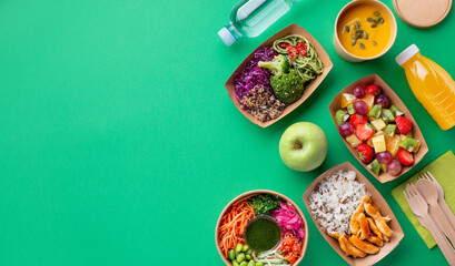 Healthy take away food and drinks in disposable eco friendly paper containers