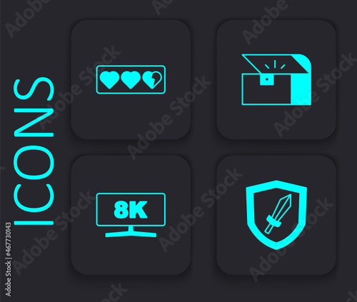 Set Sword for game, Game life bar, Chest and Computer monitor icon. Black square button. Vector
