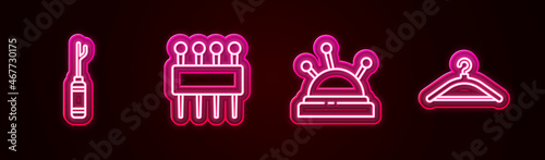 Set line Awl tool, Needle for sewing, bed and needles and Hanger wardrobe. Glowing neon icon. Vector