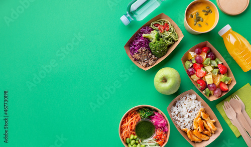 Healthy take away food and drinks in disposable eco friendly paper containers photo