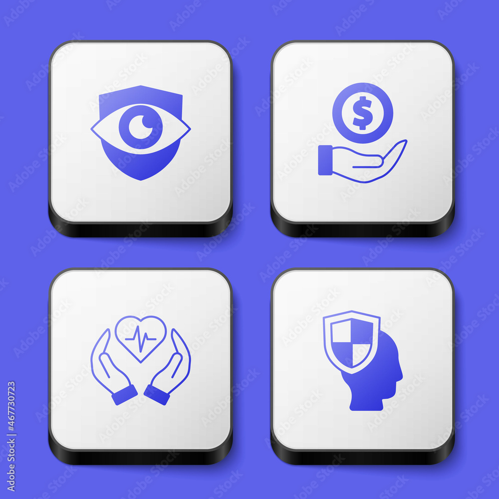 Set Shield and eye, Money with shield, Life insurance and icon. White square button. Vector