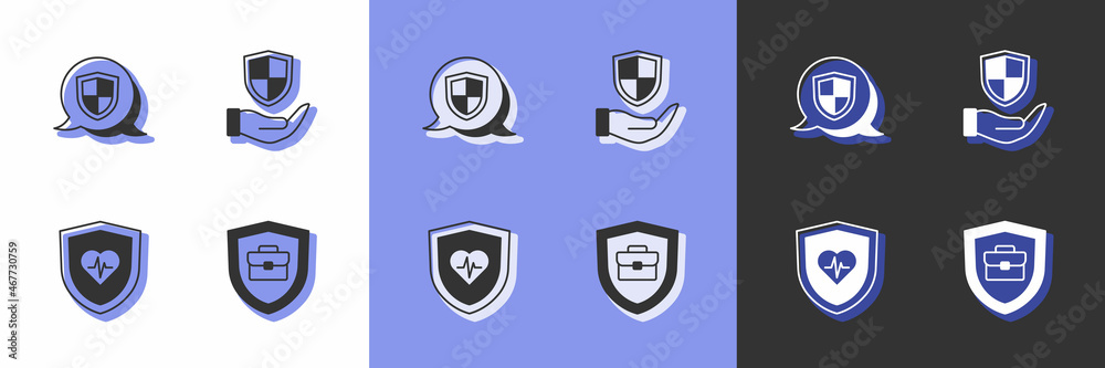 Set Briefcase with shield, Shield, Life insurance and hand icon. Vector Set Briefcase with shield, Shield, Life insurance and hand icon. Vector