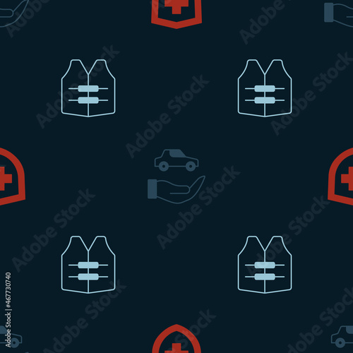 Set Life insurance with shield, Car and jacket on seamless pattern. Vector