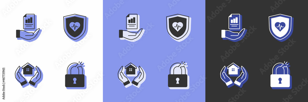 Set Broken or cracked lock, Contract in hand, House and Life insurance with shield icon. Vector Set Broken or cracked lock, Contract in hand, House and Life insurance with shield icon. Vector
