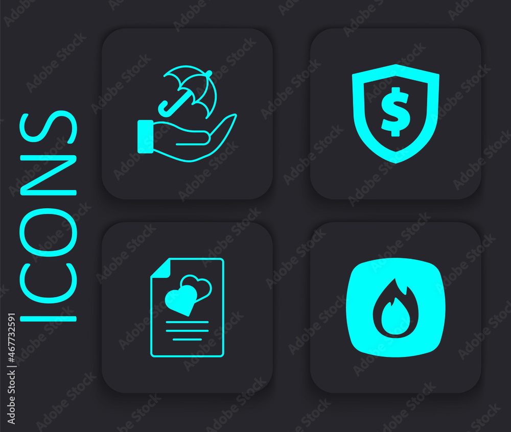 Set Fire flame, Umbrella in hand, Shield with dollar and Marriage contract icon. Black square button. Vector Set Fire flame, Umbrella in hand, Shield with dollar and Marriage contract icon. Black square button. Vector