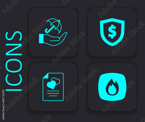 Set Fire flame, Umbrella in hand, Shield with dollar and Marriage contract icon. Black square button. Vector