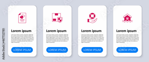 Set House flood, Lifebuoy in hand, Delivery security with shield and Marriage contract. Business infographic template. Vector
