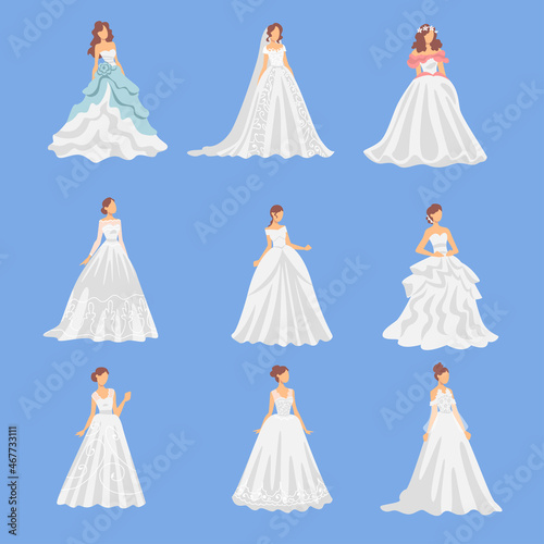 Bride in White Wedding Dress Standing as Newlywed or Just Married Female on Blue Background Vector Set