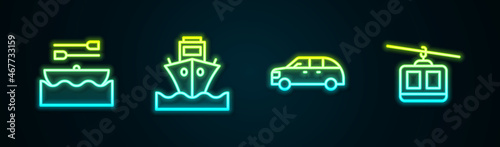Set line Boat with oars, Cargo ship, Hatchback car and Cable. Glowing neon icon. Vector