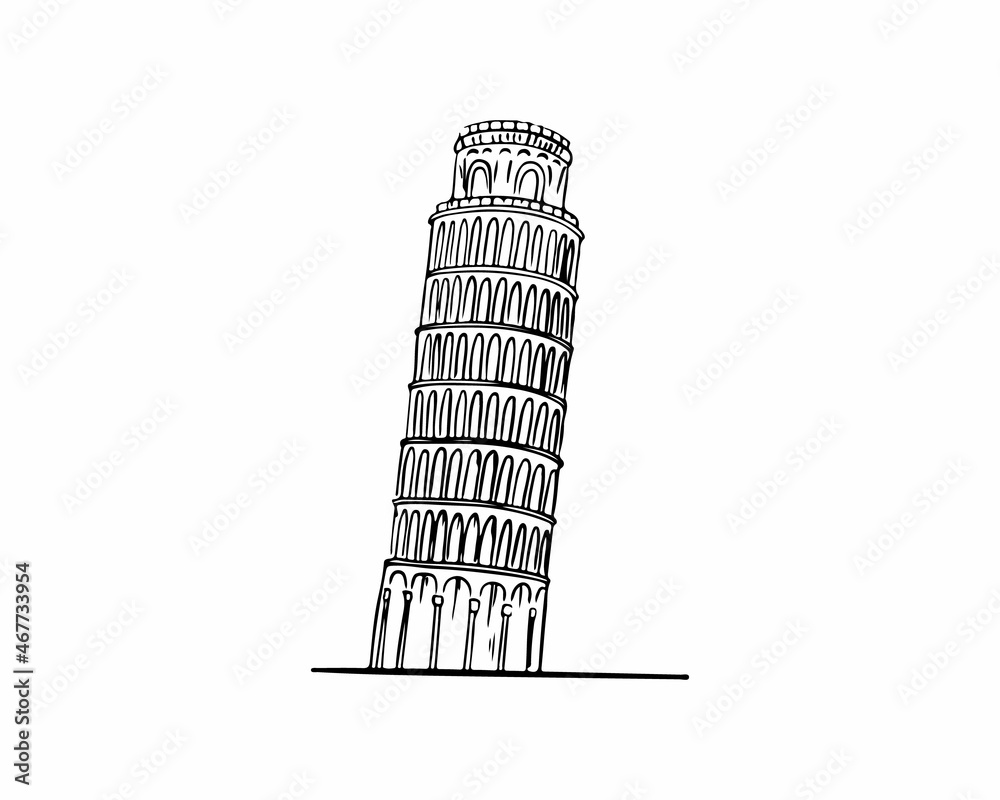 Leaning Tower of Pisa drawn with a black outline, icon. Vector illustration