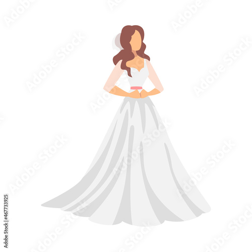 Bride in White Wedding Dress and Veil Standing as Newlywed or Just Married Female Vector Illustration