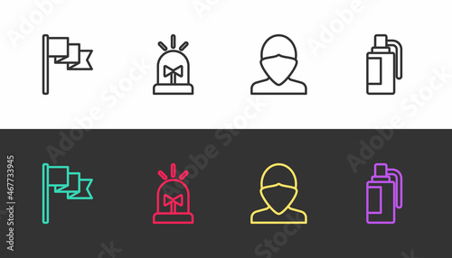 Set line Location marker, Flasher siren, Vandal and Hand grenade on black and white. Vector