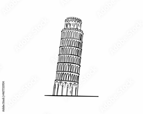Leaning Tower of Pisa drawn with a black outline, icon. Vector illustration