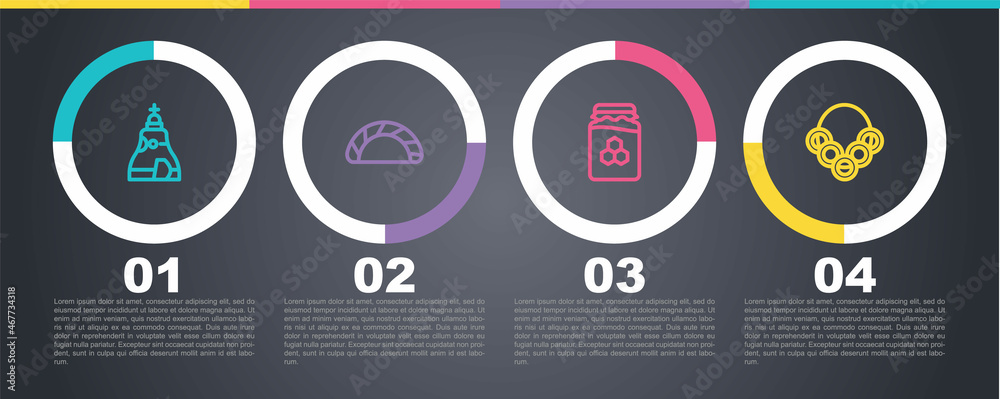 Set line The Tsar bell, Dumpling, Jar of honey and Russian bagels. Business infographic template. Vector Set line The Tsar bell, Dumpling, Jar of honey and Russian bagels. Business infographic template. Vector