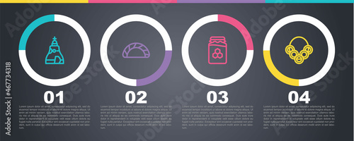 Set line The Tsar bell, Dumpling, Jar of honey and Russian bagels. Business infographic template. Vector