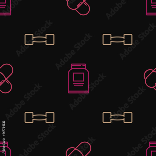 Set line Sports nutrition, Dumbbell and on seamless pattern. Vector