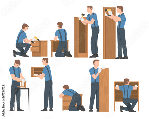 Young Man in Overall Assembling and Installing Wooden Furniture Vector Set