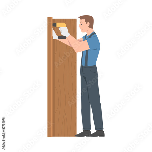 Young Man in Overall with Drill Assembling and Installing Wooden Furniture Vector Illustration