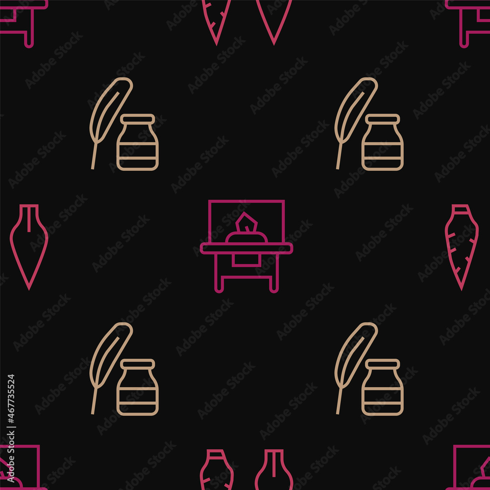 Fototapeta premium Set line Stone age arrow head, Feather and inkwell and Glass showcase for exhibit on seamless pattern. Vector