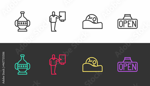 Set line Ancient amphorae, Museum guide, Human skull and Hanging sign with Open on black and white. Vector