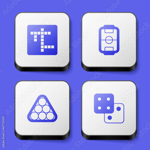 Set Crossword, Table football, Billiard balls in triangle and Game dice icon. White square button. Vector