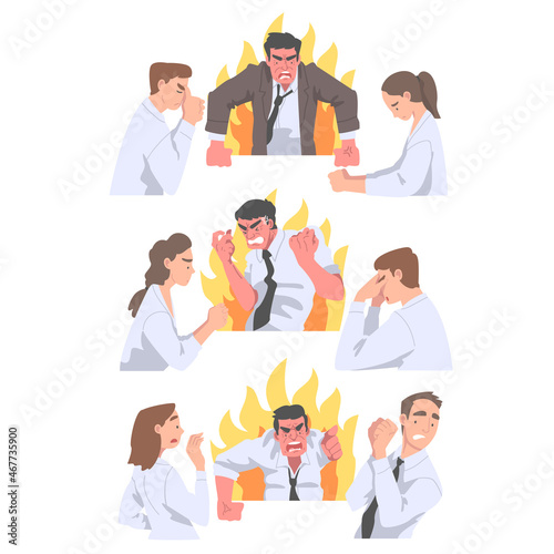 Furious Chief Screaming and Yelling in Anger at Scared Employee Vector Set