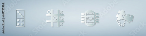Set Domino, Tic tac toe game, Table football and Puzzle pieces toy. Paper art style. Vector