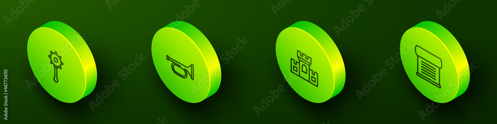 Set Isometric line Medieval chained mace ball, Trumpet, Castle, fortress and Decree, parchment, scroll icon. Vector Set Isometric line Medieval chained mace ball, Trumpet, Castle, fortress and Decree, parchment, scroll icon. Vector