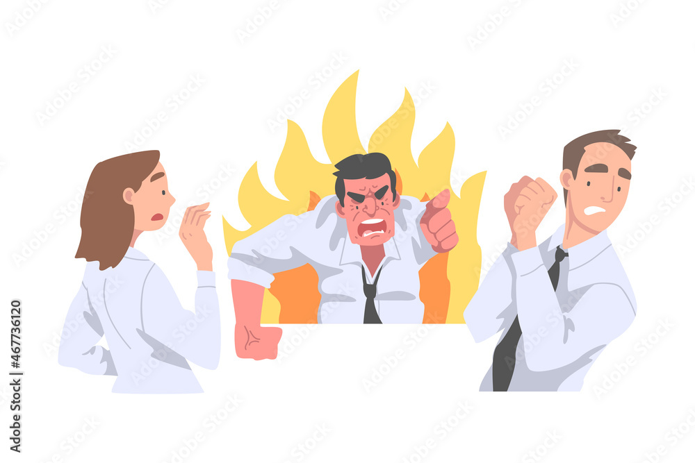 Furious Chief Screaming and Yelling in Anger at Scared Employee Vector Illustration