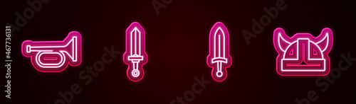 Set line Trumpet, Medieval sword, and Viking in horned helmet. Glowing neon icon. Vector