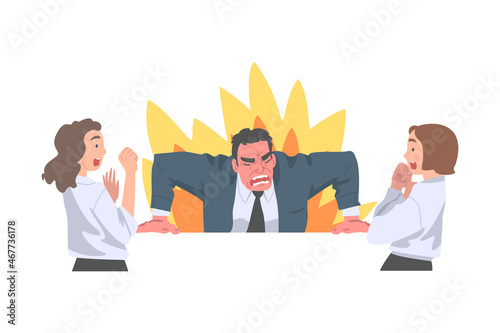 Furious Chief Screaming and Yelling in Anger at Scared Female Employee Vector Illustration