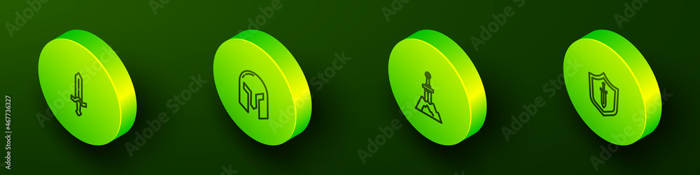 Set Isometric line Medieval sword, iron helmet, Sword in the stone and shield with icon. Vector Set Isometric line Medieval sword, iron helmet, Sword in the stone and shield with icon. Vector