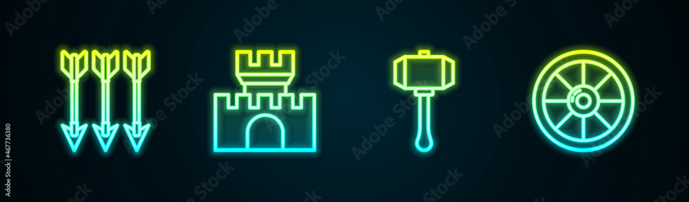 Set line Crossed arrows, Castle, fortress, Hammer and Round wooden shield. Glowing neon icon. Vector Set line Crossed arrows, Castle, fortress, Hammer and Round wooden shield. Glowing neon icon. Vector