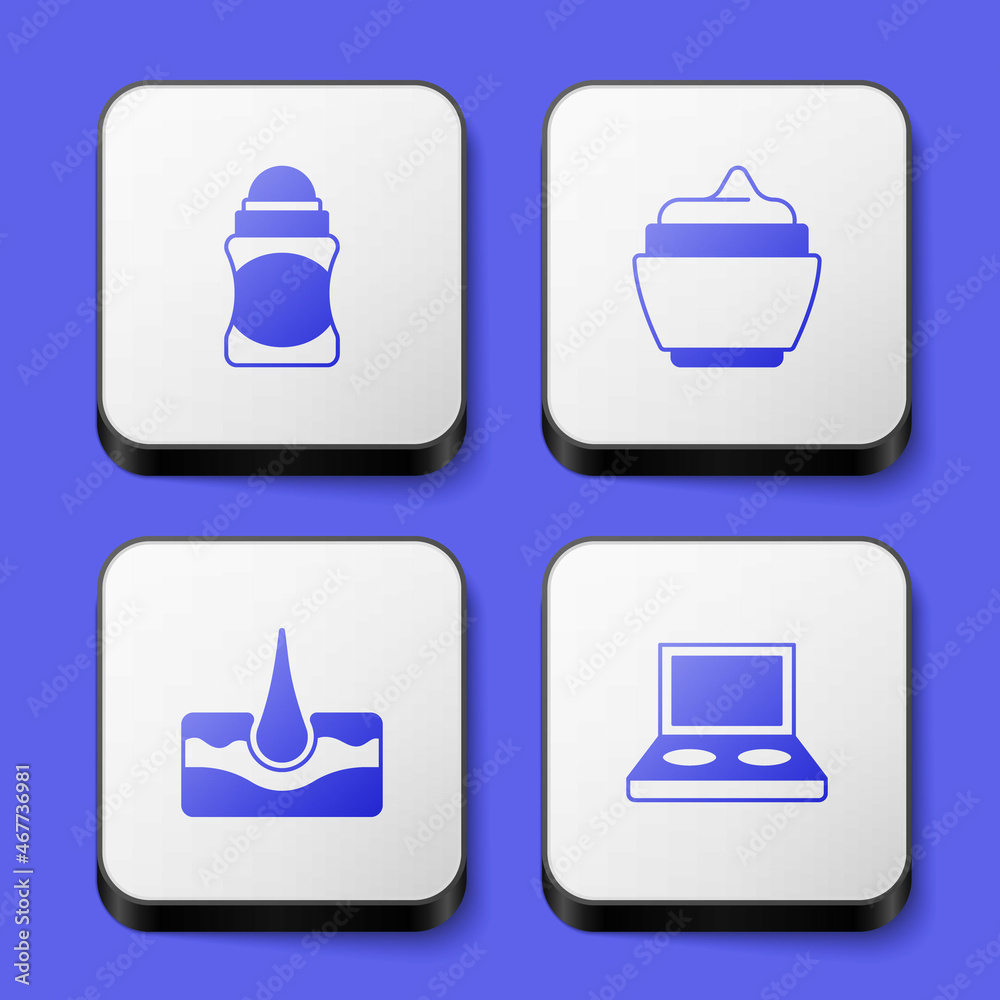Set Deodorant roll, Cream lotion cosmetic tube, Human hair follicle and Eye shadow palette with brush icon. White square button. Vector Set Deodorant roll, Cream lotion cosmetic tube, Human hair follicle and Eye shadow palette with brush icon. White square button. Vector