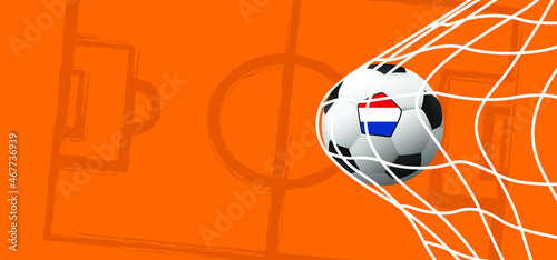 Ball in goal with the flag of the Netherlands. Soccer on green football grass field. Vector background banner. wk, ek play model. Sport finale or school, sports game cup. Street ball games. 2022, 2023