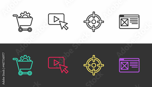 Set line Shopping cart, Advertising, Target sport and Browser window on black and white. Vector