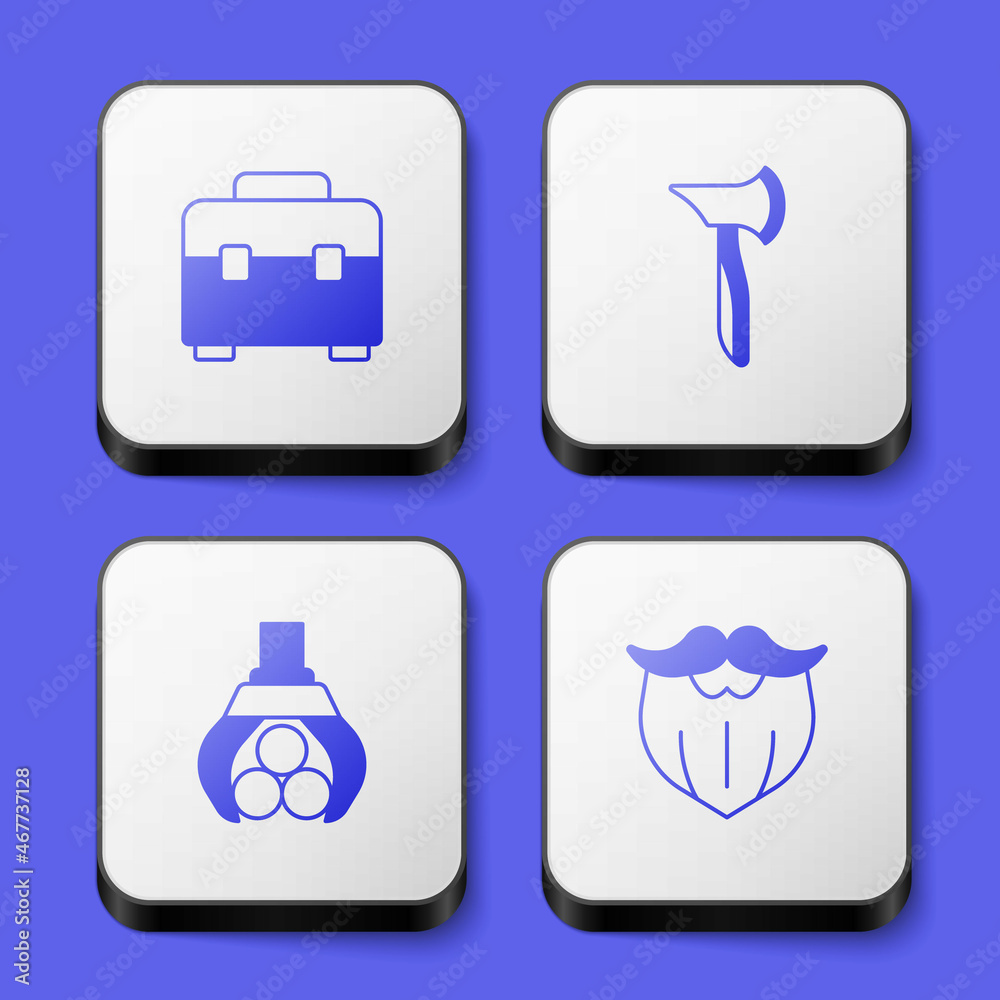 Set Toolbox, Wooden axe, Grapple crane grabbed log and Mustache and beard icon. White square button. Vector Set Toolbox, Wooden axe, Grapple crane grabbed log and Mustache and beard icon. White square button. Vector