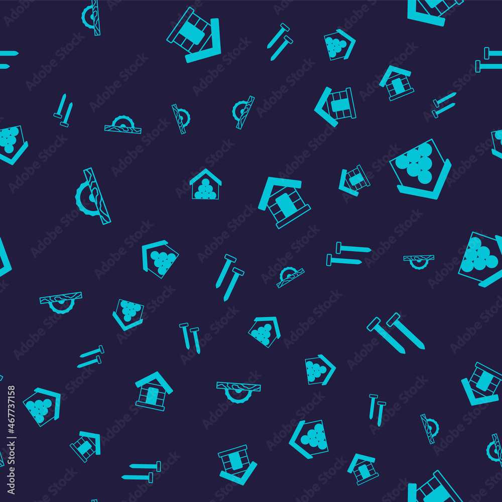 Set Electric circular saw, Wooden logs, Dog house and Metallic nails on seamless pattern. Vector Set Electric circular saw, Wooden logs, Dog house and Metallic nails on seamless pattern. Vector