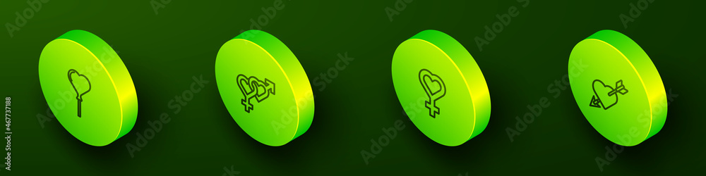 Set Isometric line Balloons in form of heart, Gender, Female gender symbol and Amour with and arrow icon. Vector Set Isometric line Balloons in form of heart, Gender, Female gender symbol and Amour with and arrow icon. Vector