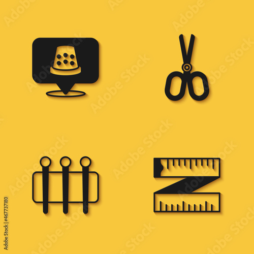 Set Thimble for sewing, Tape measure, Needle and Scissors icon with long shadow. Vector