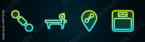 Set line Dumbbell, Bench with barbel, Location gym and Bathroom scales. Glowing neon icon. Vector