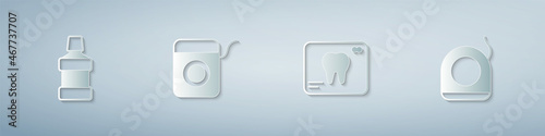 Set Mouthwash, Dental floss, X-ray of tooth and . Paper art style. Vector