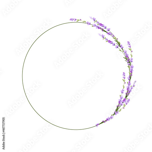 Round frame made of lavender flowers. vector stock illustration. Delicate lilac buds. Purple template for a wedding invitation. Isolated on a white background.